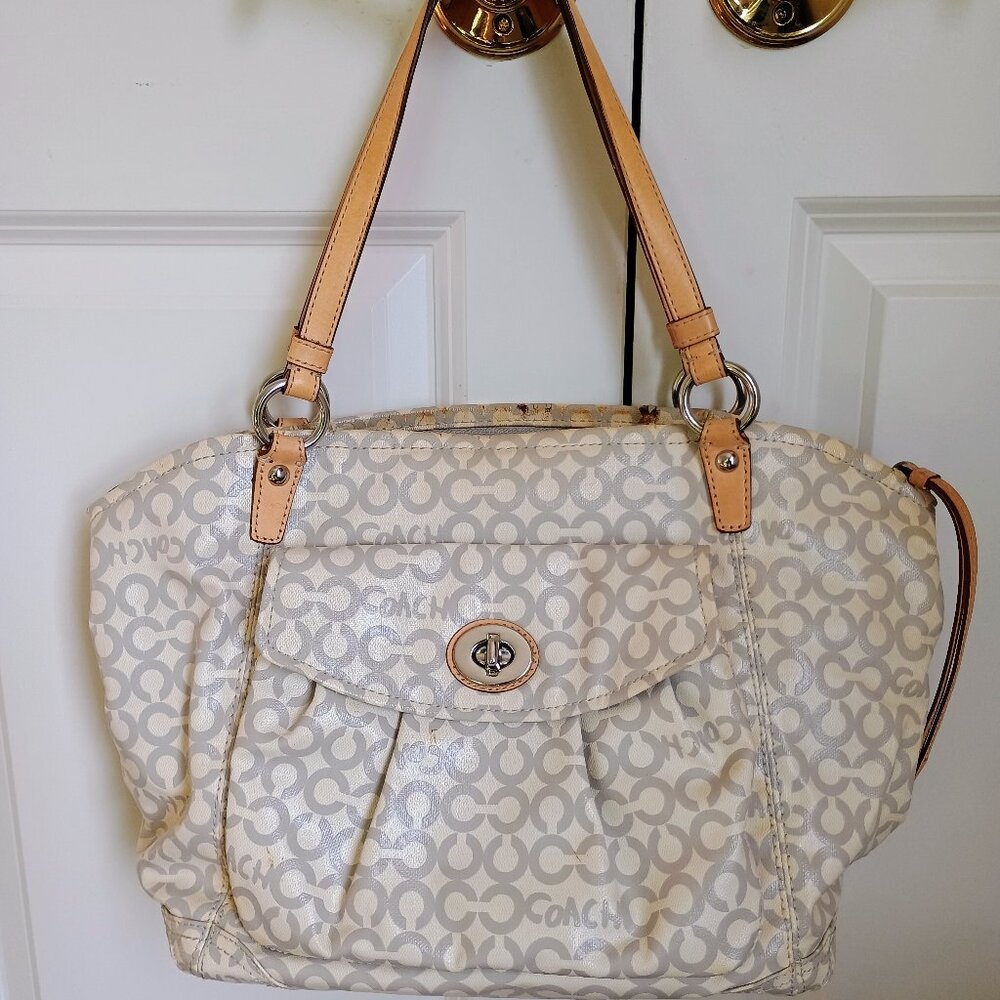 Coach Leah Op Art Coated Canvas Large Bag Tote Ivy Light Grey